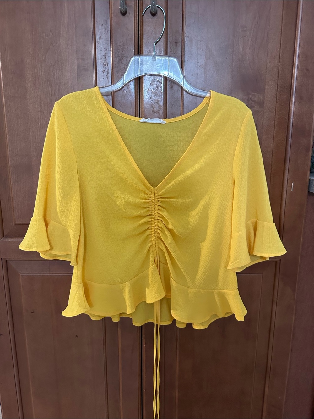 Elodie Bright Yellow Ruched V-Neck Ruffle Blouse